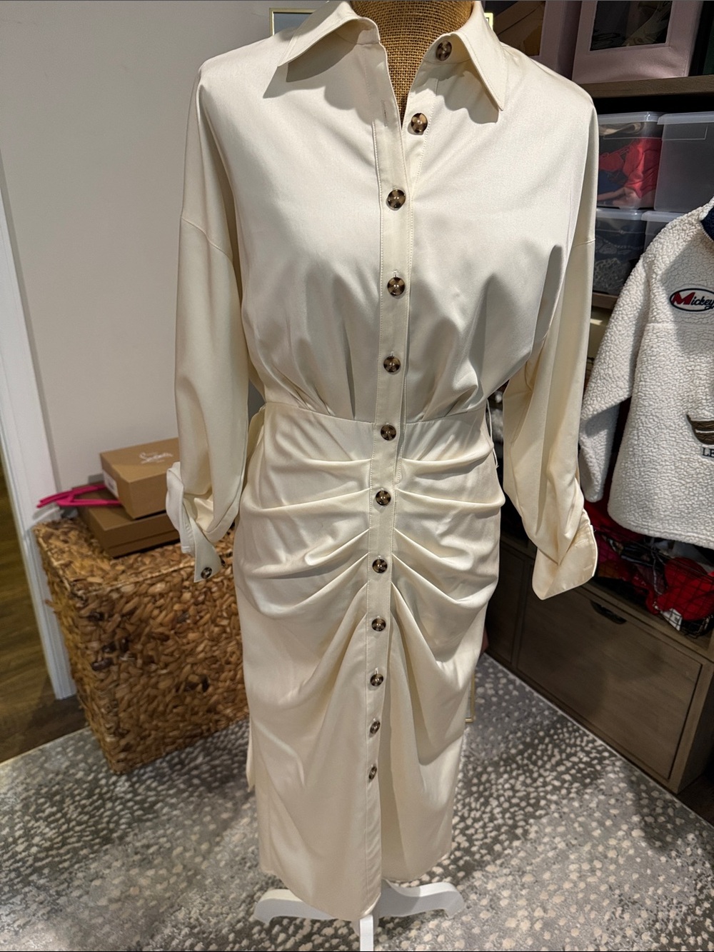 Antonio Melani Cream Button-Front Ruched Shirt Dress